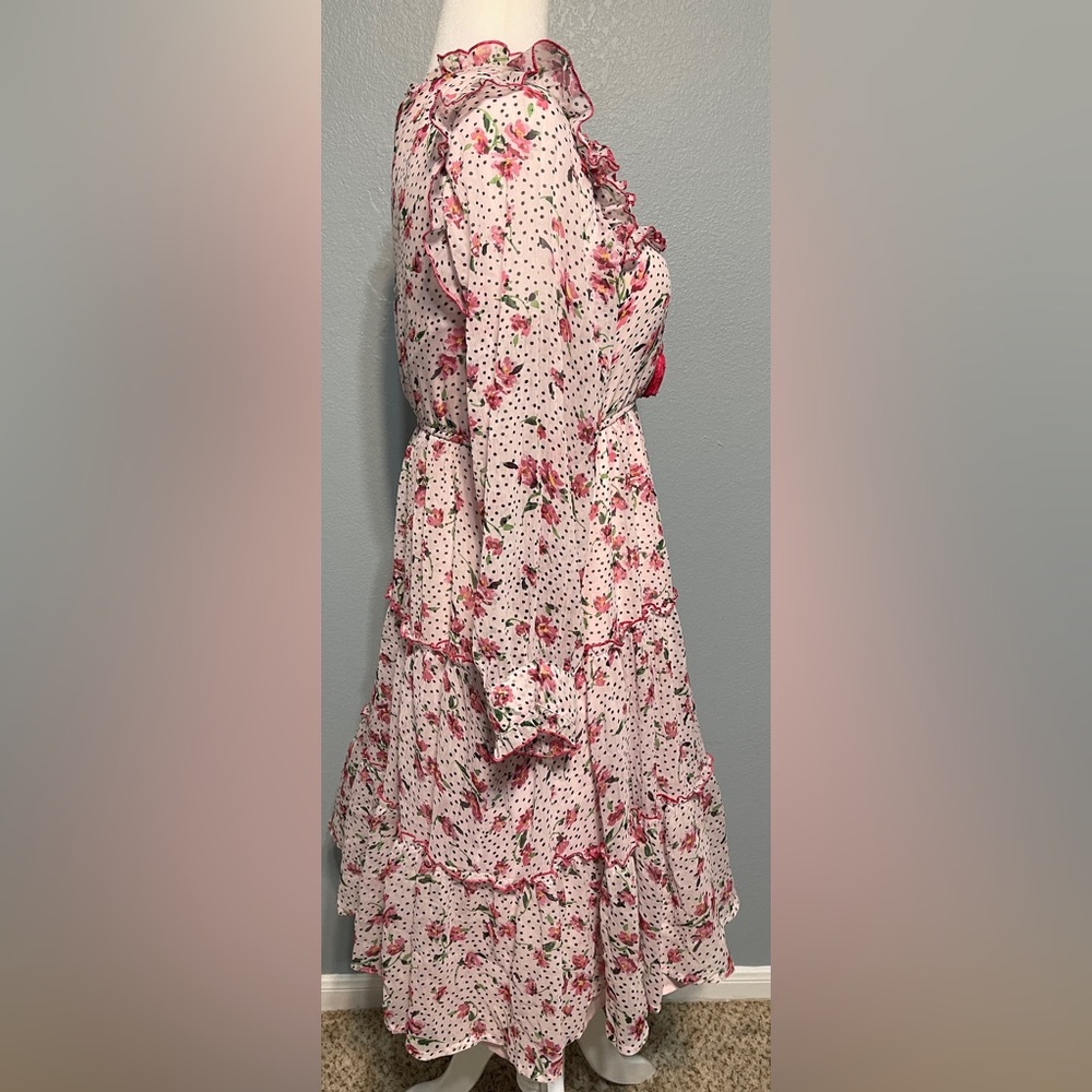 Antheaa Pink Floral Swiss Dot Midi Dress Ruffle Trim Tassel Tie Cottagecore XL - Picture 5 of 12